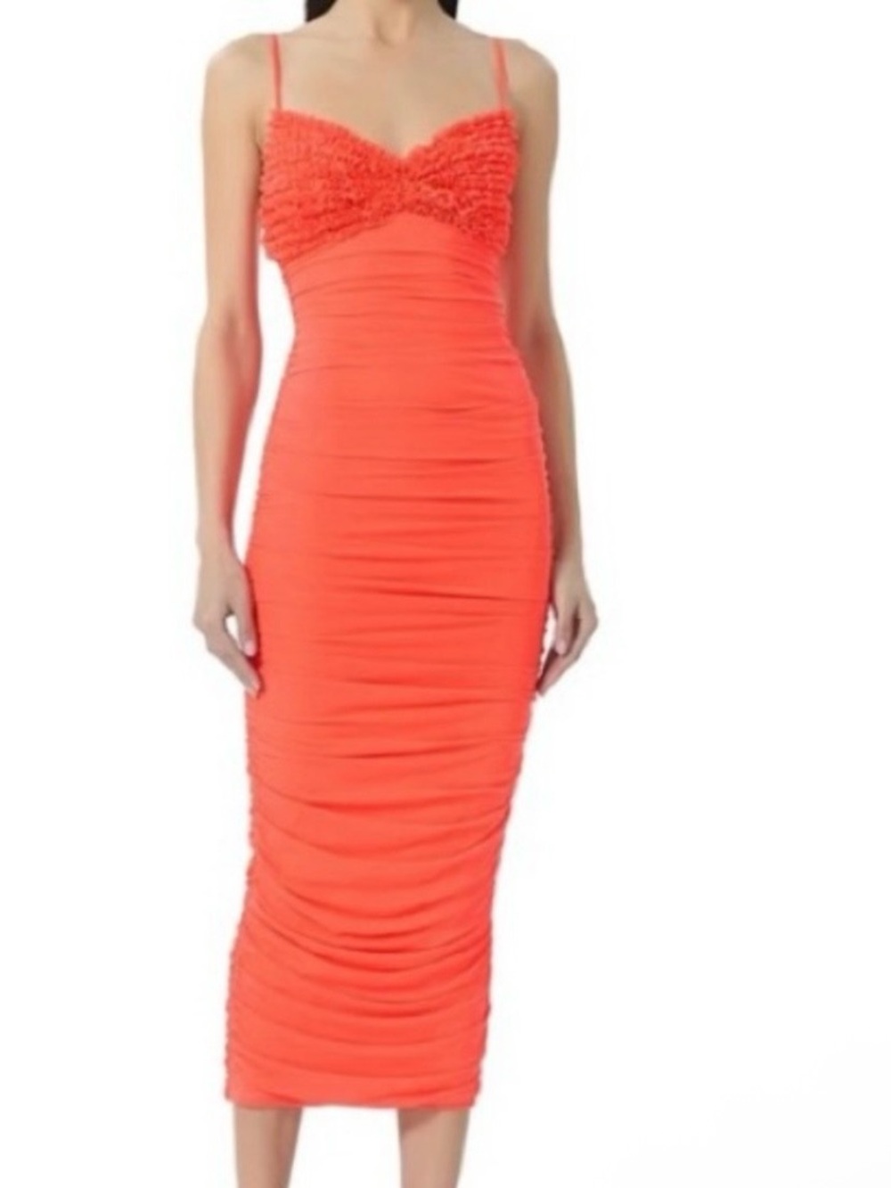 AFRM Coral Ruched Midi Dress with Textured Bust